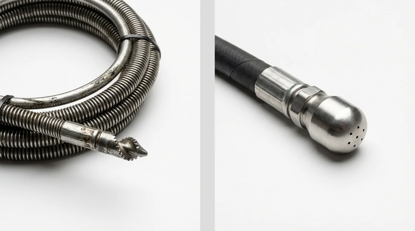Drain snake cable and hydro jetting nozzle used for drain cleaning in New Castle, IN