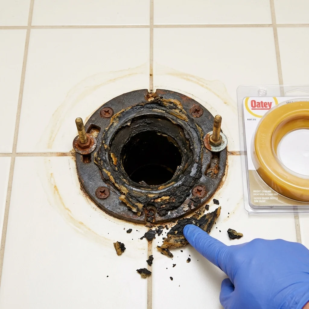 Failed wax ring showing water seepage at the base of a toilet in a New Castle, IN home