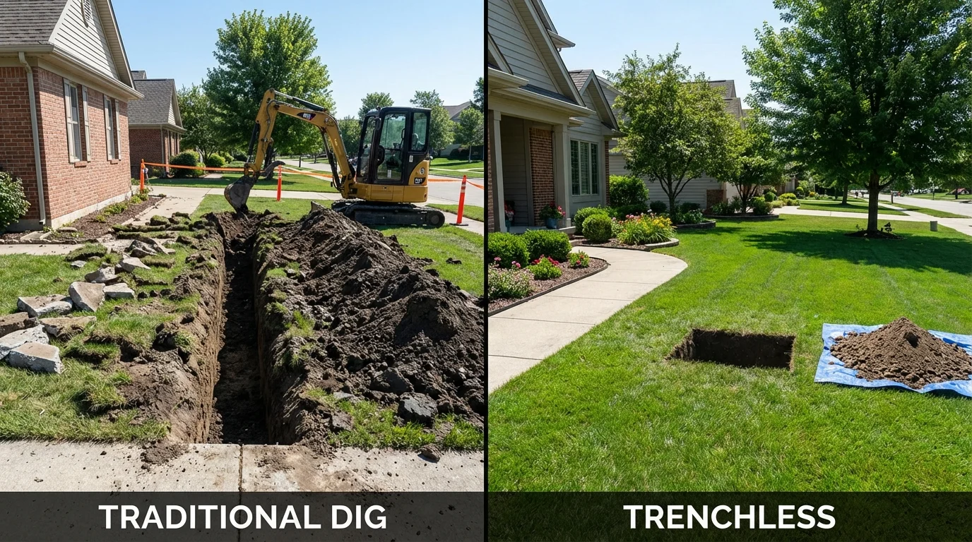 Trenchless sewer repair with minimal yard damage versus traditional excavation in New Castle, IN