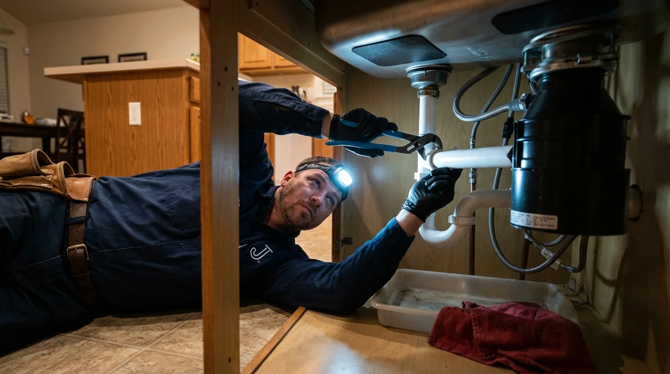 P-trap and supply line connections under a kitchen sink showing a common leak point in New Castle, IN